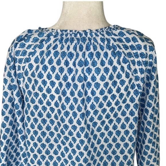 J Crew Blue and White Block Floral Paisley Print Boho Popover Cotton Top - Picture 5 of 12